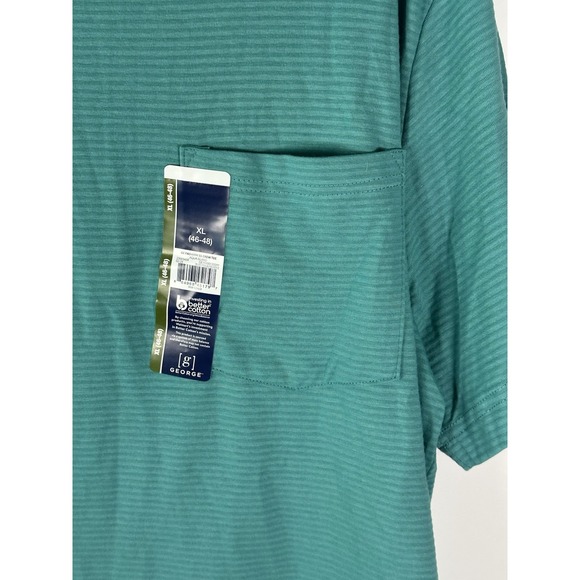 GEORGE Pocket Tee NWT Mens XL Crew Neck Short Sleeve Teal Striped T Shirt - Picture 2 of 9